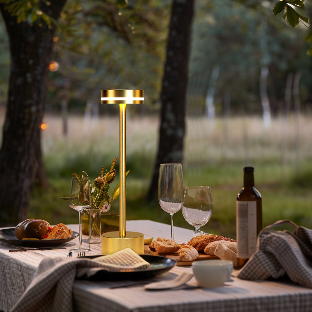 Sleek gold-finish cordless LED lamp with modern design and cordless convenience
